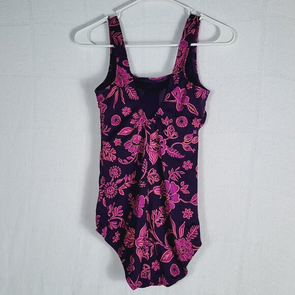 Lands End Purple Pink Floral Nylon Span Poly Scoop Neck One Piece Suit Size 10 - Picture 14 of 16